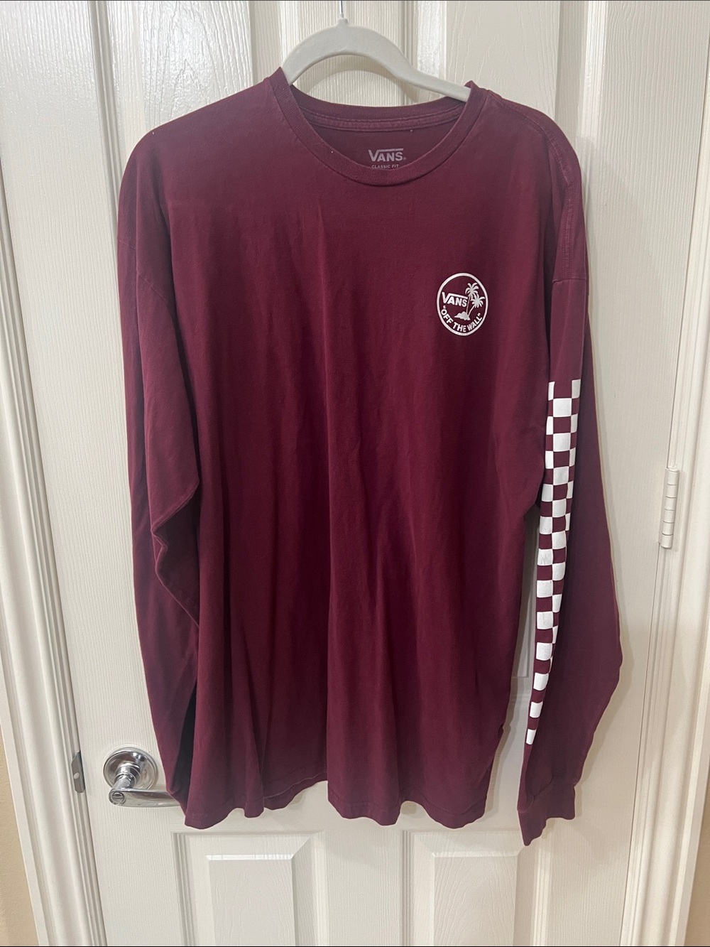 Vans Maroon Long Sleeve Tee with White Checker Sleeve and Palm Logo